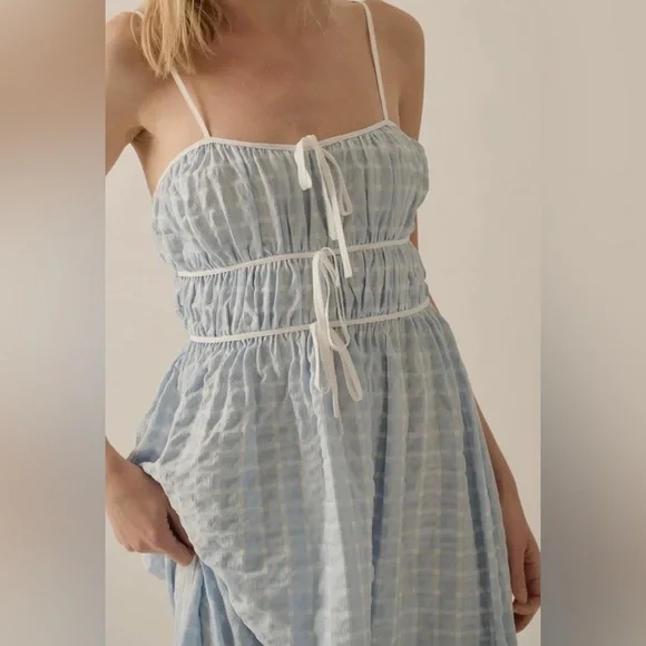 Blue and White Gingham Maxi Dress with Bows - Picture 2 of 4